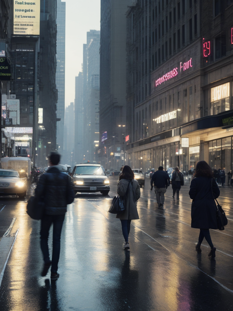 Dark city, rain, people who are in a hurry somewhere, america 1980, more traffic jams, realistic city, window background, booth that sell newspapers