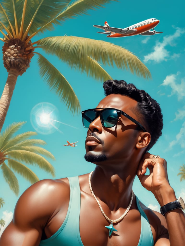 Pin up art, portrait, a black man raised his head up, looks at the sky, sunglasses, one airplane flies in a clear sky and leaves a mark, summer, palms around, palms reflected on a sunglasses, turquoise shades, style by Gil Elvgren