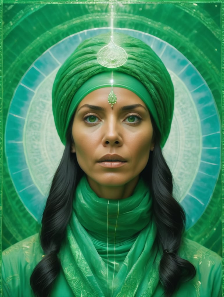 Portrait of a woman experiencing spiritual experience, wrapped green film, Wes Anderson style