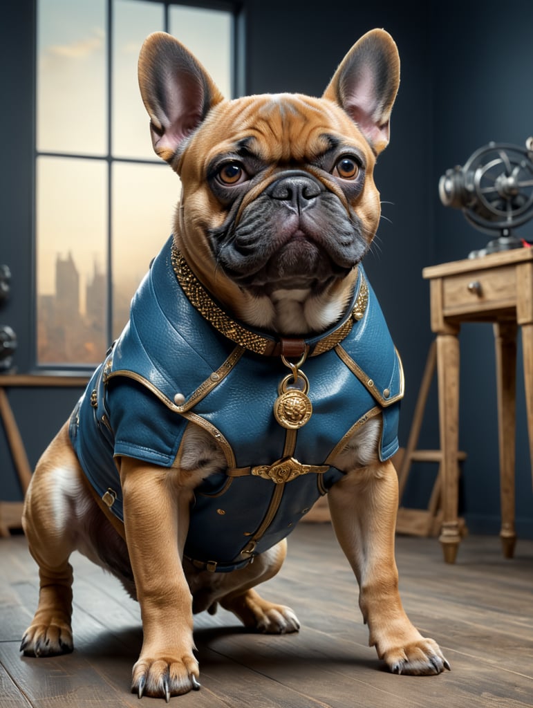 Blue and tan french bulldog with miscles looking cool standing in a plain studio