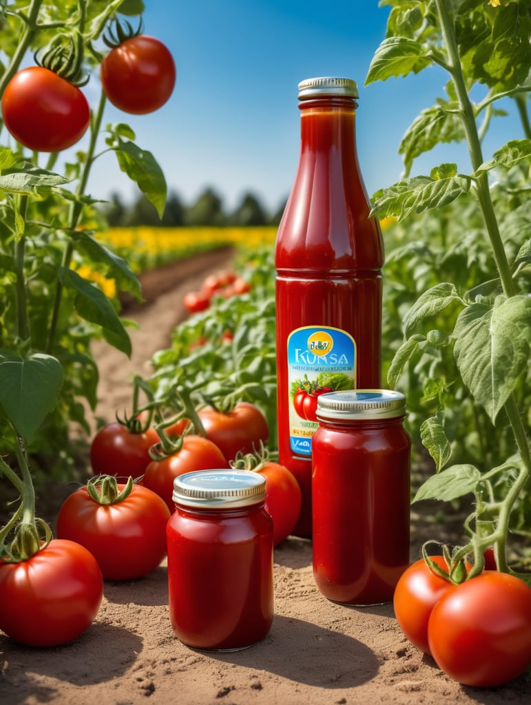 several red tomatoes stacked together forming a ketchup bottle with some leaves around it, beautiful tomato plantation in the background and a blue sky, short grass and yellow flower, creamy light, ambient lighting, beautiful colors