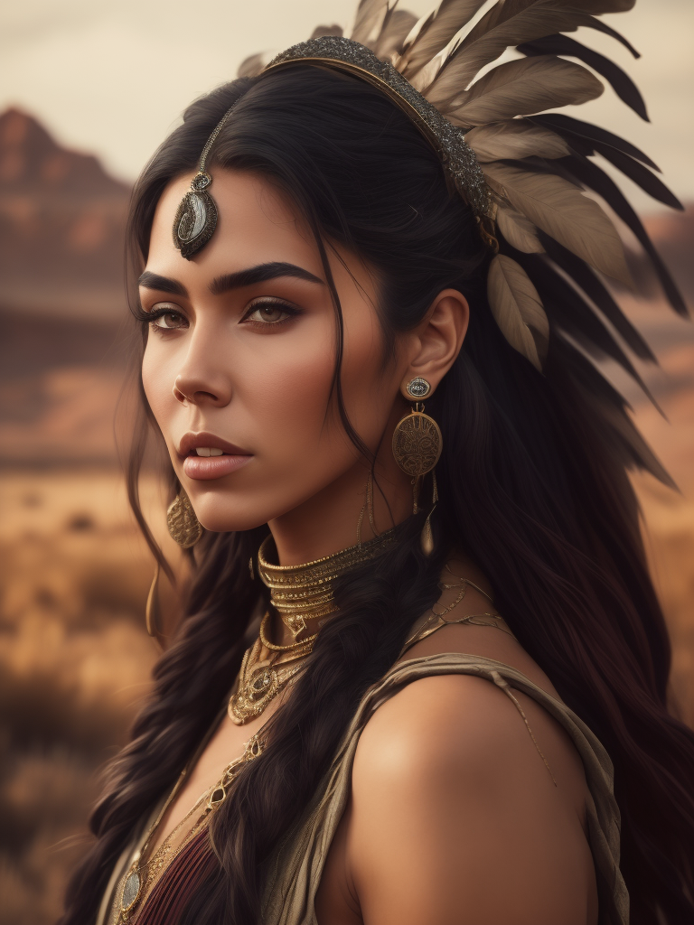 mdjrny-v4 style portrait photograph of Madison Beer as Pocahontas, young beautiful native american woman, perfect symmetrical face, feather jewelry, traditional handmade dress, armed female hunter warrior, (((wild west))) environment, Utah landscape, ultra realistic, concept art, elegant, ((intricate)), ((highly detailed)), depth of field, ((professionally color graded)), 8k, art by artgerm and greg rutkowski and alphonse mucha