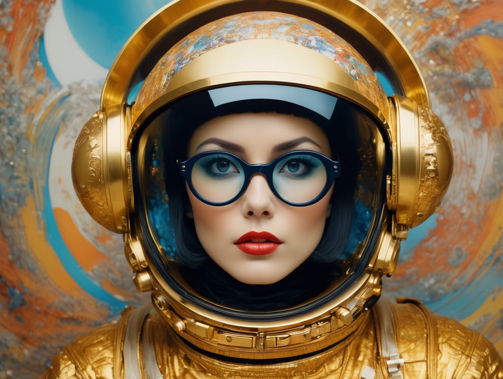 In 1998, abstract fashion photography captured a 1960s astronaut woman in a gold spacesuit with a large helmet and glasses. The art, created by Victor Moscoso and Bridget Riley, used Kodak Ektar 100 film. Carne Griffiths added a touch of magic with fluid art, while artists like Conrad Roset, Ilya Kuvshinov, Mark Fielding, and Zwy Studio emphasized high lights in the eyes. Sergio Lopez and Natalie Shau also contributed to the artwork.