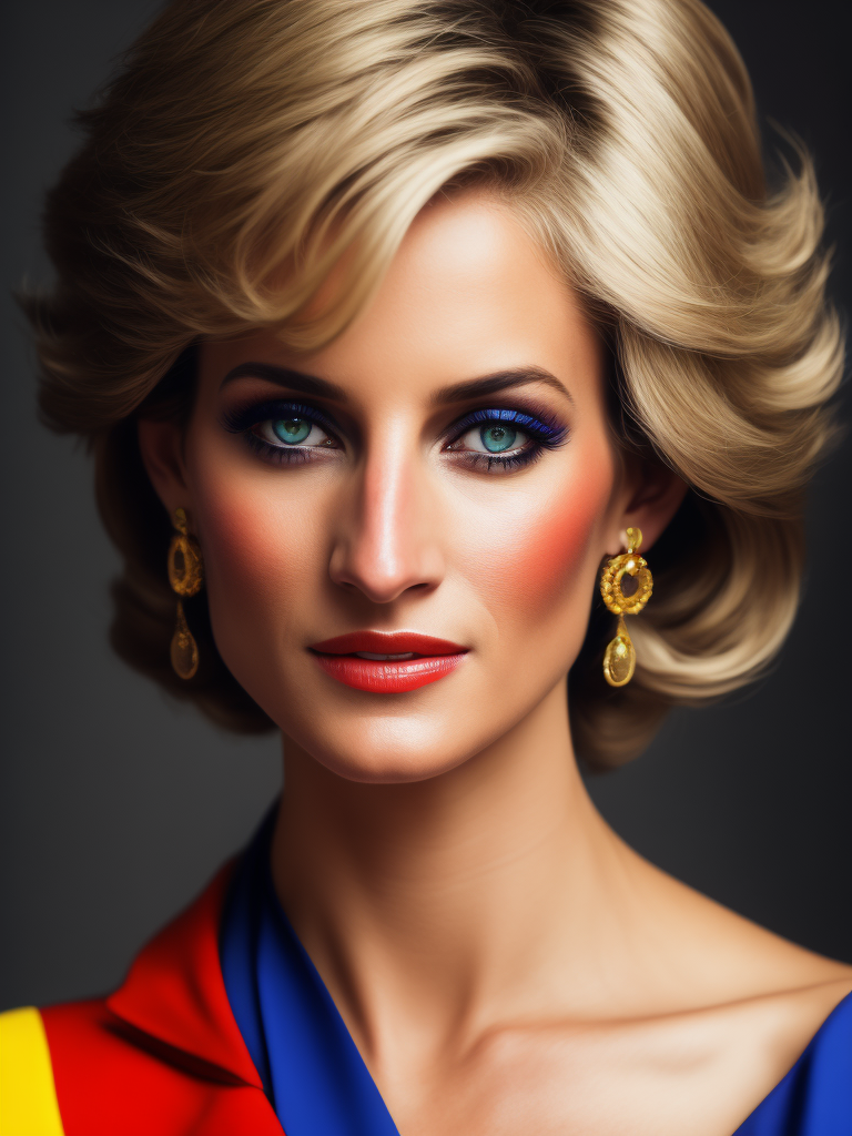 Portrait of Princess Diana, bright and saturated colors, elegant, highly detailed, vogue, fashion magazine, sharp focus, bright expressive makeup, dramatic lighting, depth of field, incredibly high detailed, blurred background