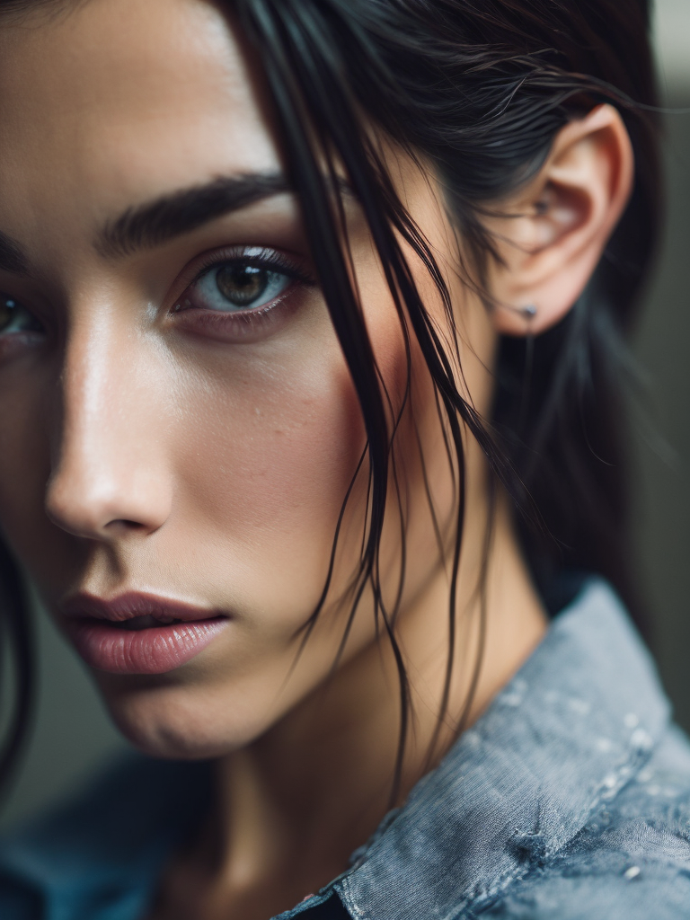 A photo close-up of a beautiful black haired woman with freckles, fashion editorial, studio photography, magazine photography, pointed nose, blurry background