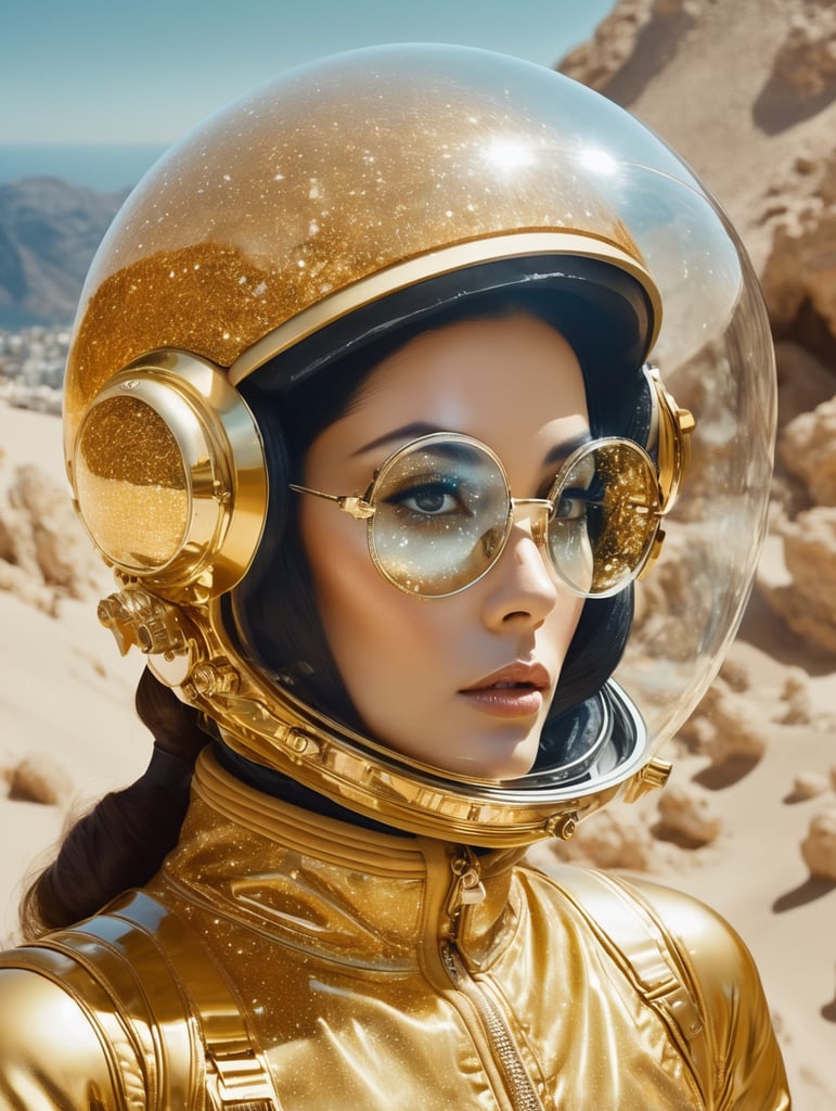 Photography on Santorin planet, 60'S gorgeous astronaut woman in an glitter transparent gold astronaut spacesuit wearing a large transparent plexiglass helmet glasses, 80 degree view, art by Sergio Lopez , Natalie Shau, james jean and salvador dali