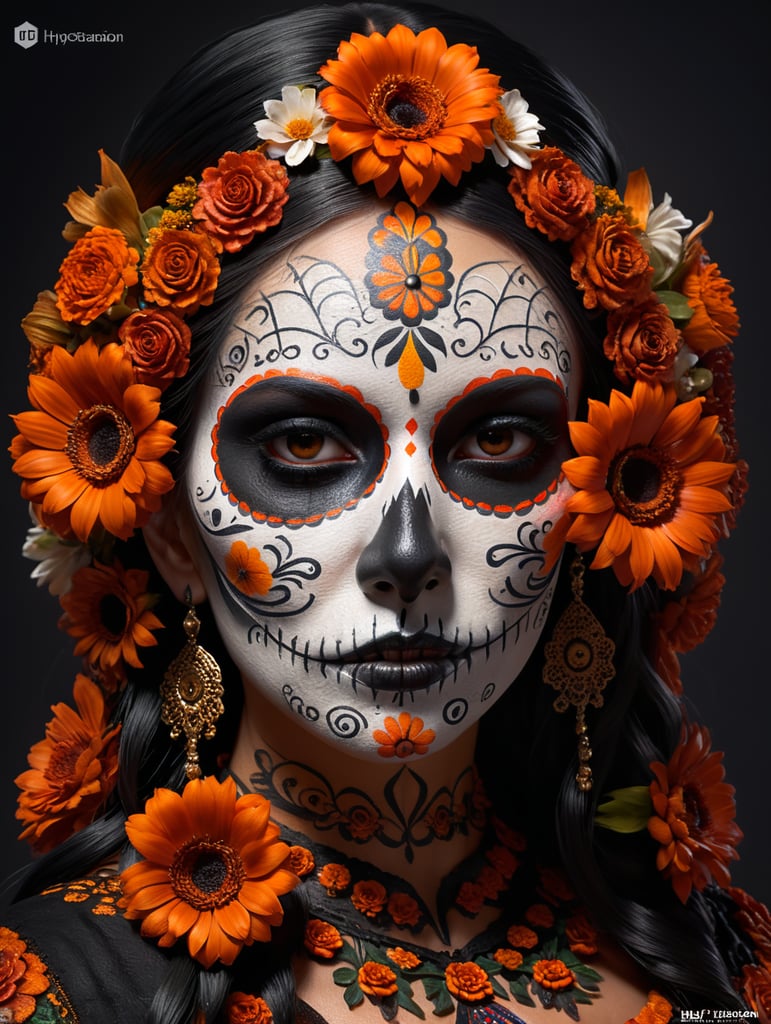 black, burnt orange, mexican, day of the dead make up, flowers 3d style