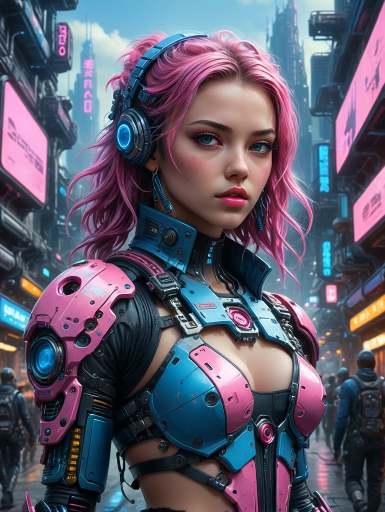 Beautiful girl in a cyber punk city, pink and blue