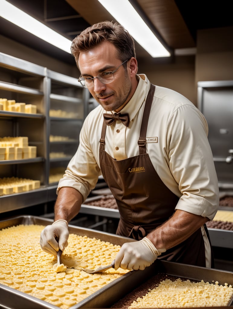 a person made of butter running a chocolate factory