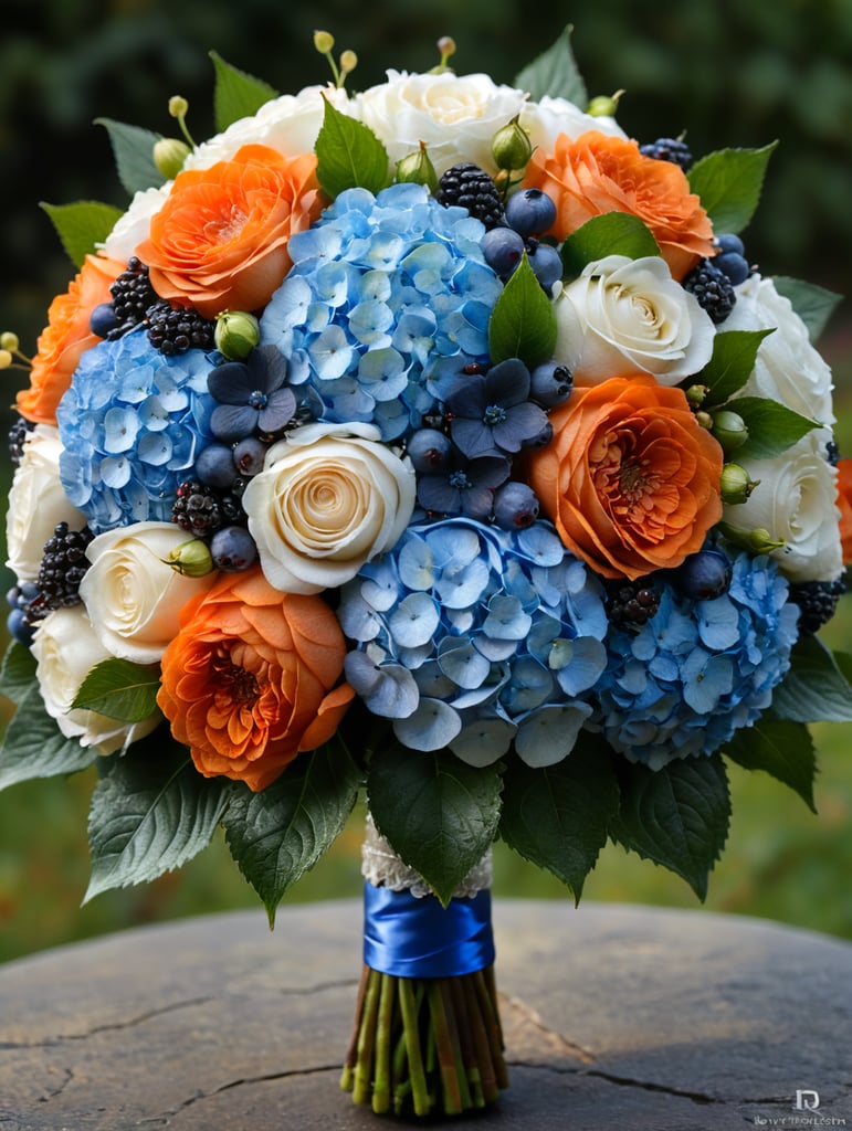 Small Round wedding bouquet with 1 blue hydrangea, few white roses and orange berries
