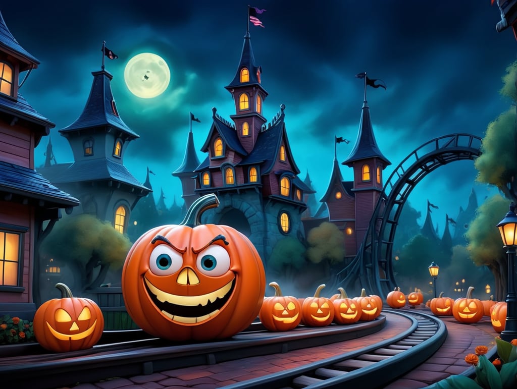 make me an art of halloween theme park with roller coaster, oil painting with scary large pumpkin