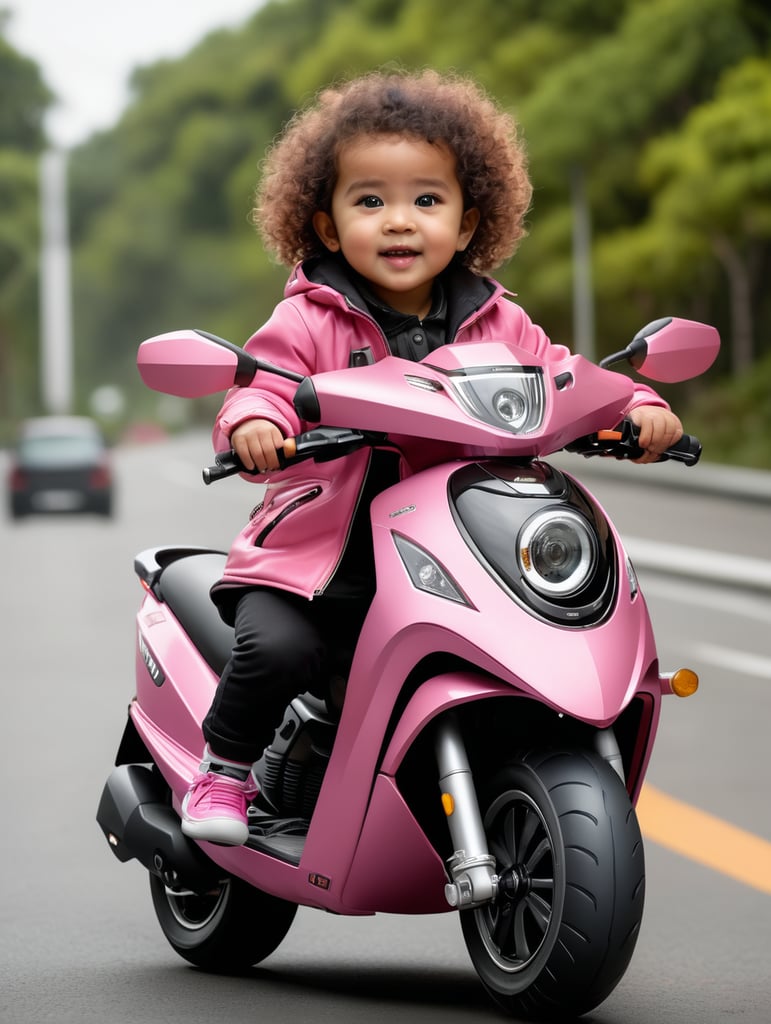 Foto realistik, anak perempuan Indonesia, berusia 2 tahun, berambut ikal memakai jaket pink mengendarai skuter merk honda adv, ramping dan modern dengan skema warna hitam dan kuning, memperlihatkan bagian depan. Sepeda motor ini memiliki ban tebal dengan pelek pink, bodi berwarna gelap dengan garis dan aksen warna pink, serta sistem suspensi rumit bercat pink, berlatar belakang jalan ramai pengendara, difoto dengan kamera mamiya leaf credo 645DF + studio lighting, hyper realystic, Ultra HD