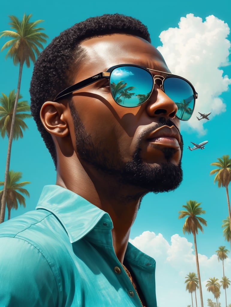 a black man raised his head up, looks at the sky, sunglasses, one airplane flies in a clear sky and leaves a mark, summer, palms around, palms reflected on a sunglasses, turquoise shades, style of Richard Corben