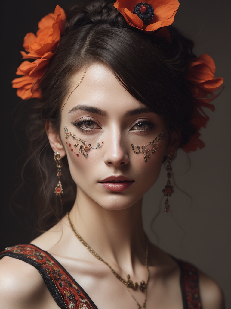Giuseppe Scuderi, ultra-fine detailed painting of a woman with an opium poppy flower in her hair, a whimsical, detailed painting. A girl has cosmetic skin patches under her eyes