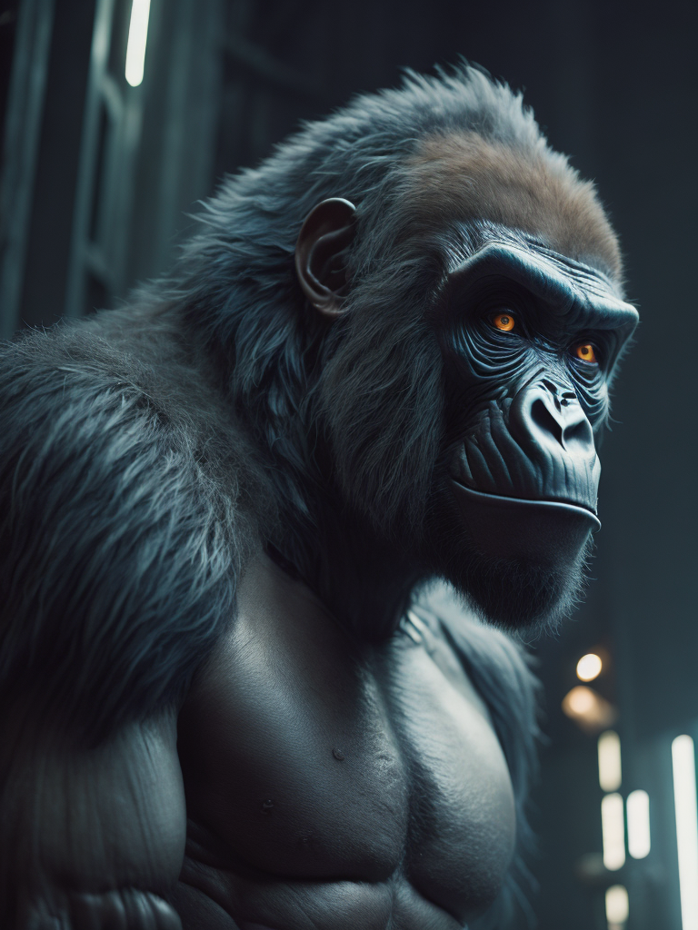 cybernetic gorilla, hyper-realistic, cyberpunk style, sharp on details,