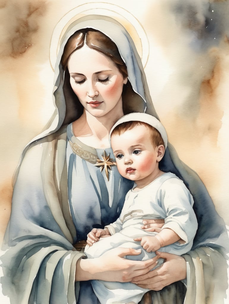 mary and baby jesus watercolor painting
