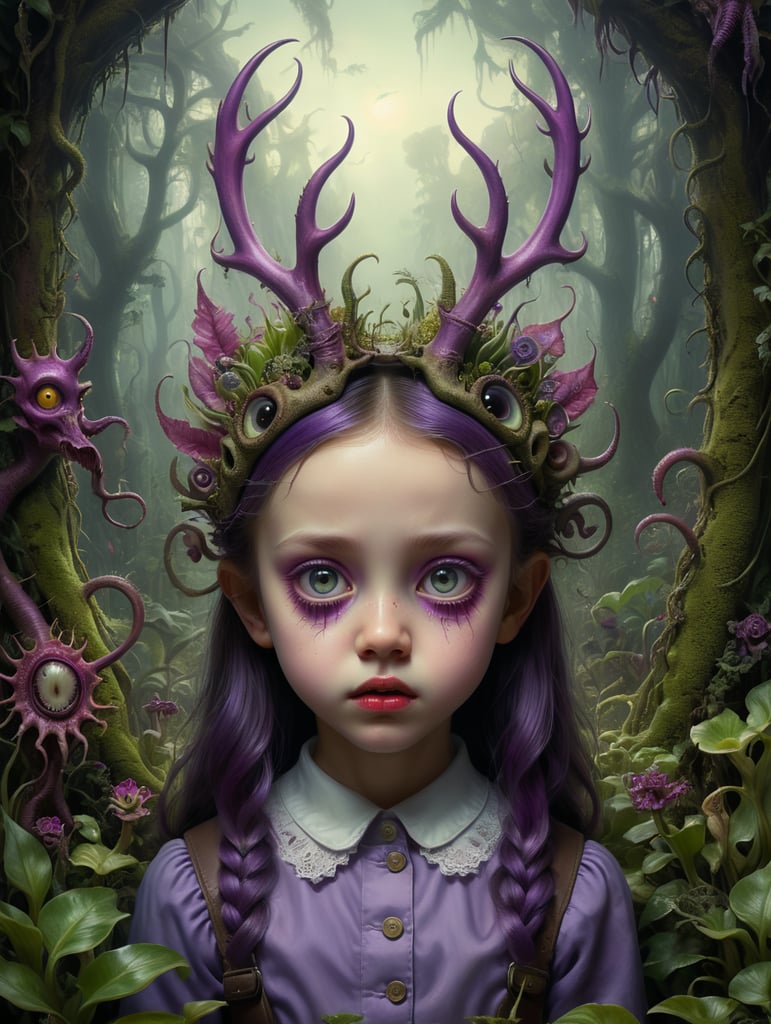 A haunting digital collage showcasing a surreal scene of a young girl with hollow eyes and antlers, surrounded by a garden of twisted, carnivorous plants, juxtaposing innocence with an underlying sense of danger in the style of Mark Ryden.purple vibe