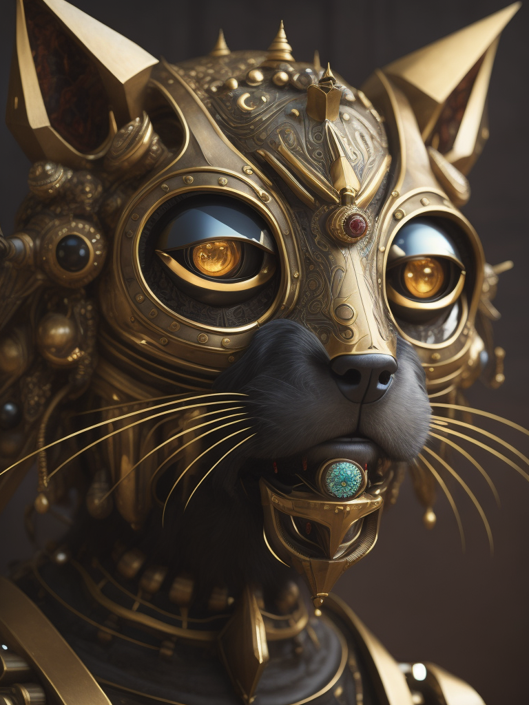 Masterpiece sculpture of an ornate bejeweled mechanical robot dog face, by annie swynnerton and diego rivera and nicholas roerich and jean delville, symbolist, dramatic lighting, god rays, elaborate geometric ornament, art brut, rich colors, smooth, sharp focus, extremely detailed, adolf wolfli and donato giancola