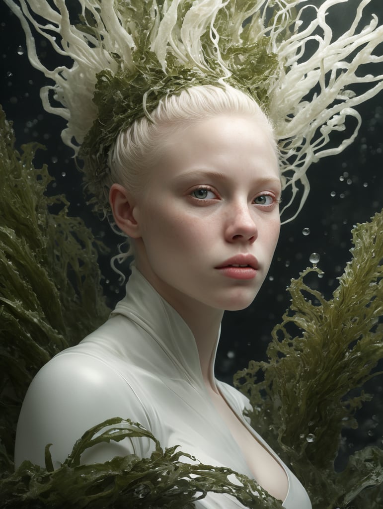 albino girl wrapped in kelp algae seaweeds in a white minimalist room, theatrical lighting