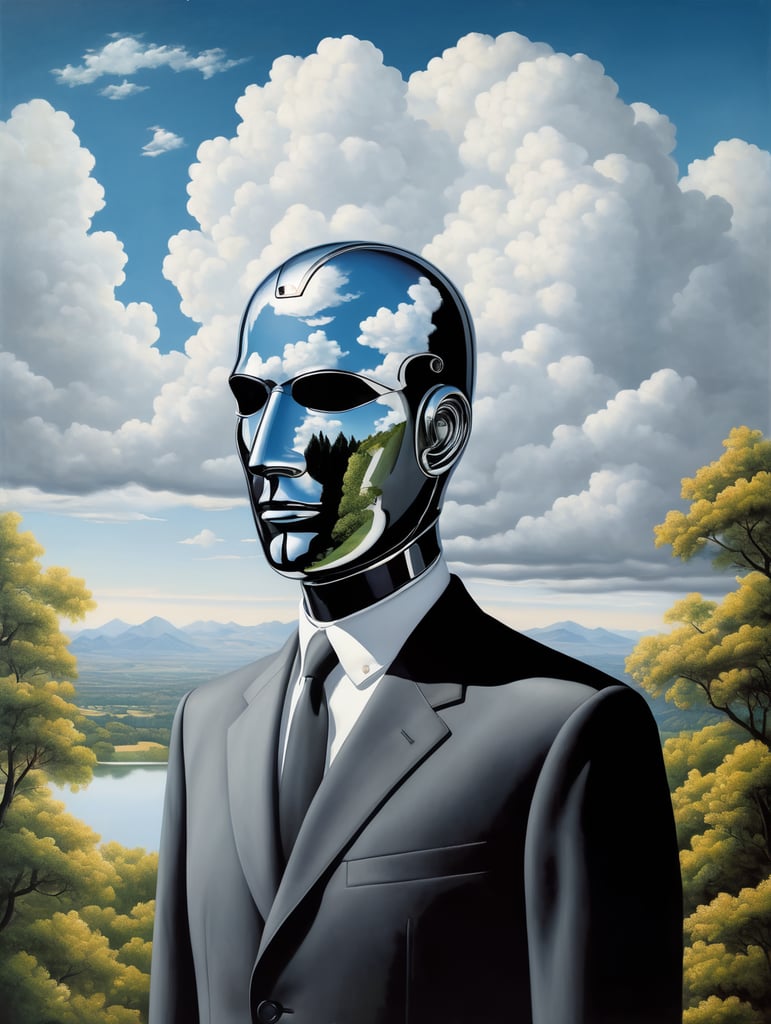 Portrait of a faceless reflective chrome - head man in a suit and black gloves, clouds and nature landscape in the background, by rene magritte, detailed painting, distance, centered, hd, high resolution, high detail,