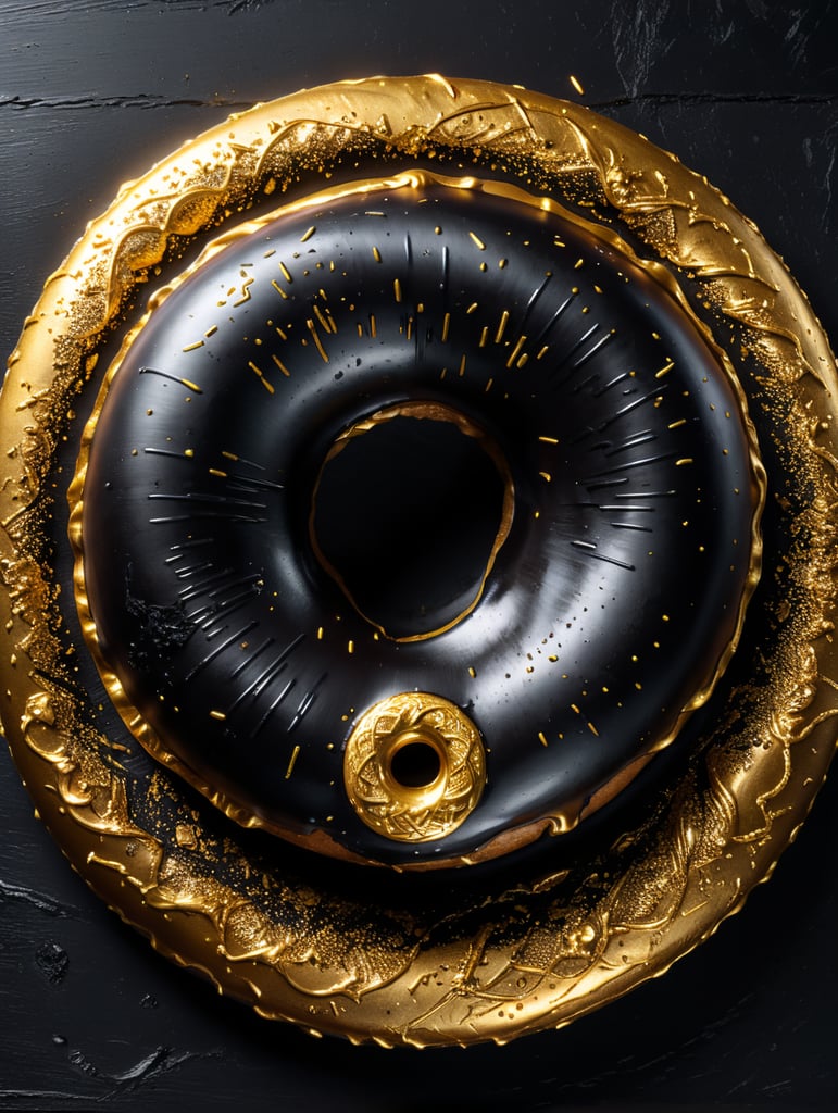 черный пончик покрыт золотом лежит на черном столе, черная комната, слабое освещение