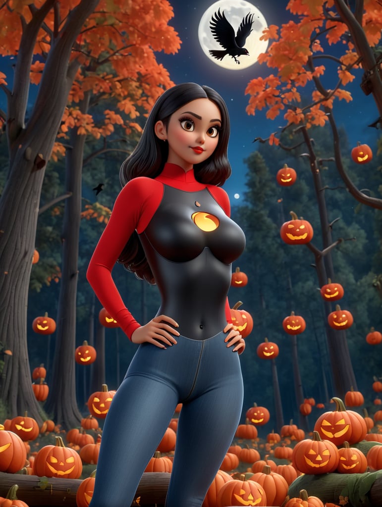 Eiza González, Dark Night, In the background a forest, A bright moon, Halloween day, black crows, tits, pumpkins, A red gerbera on the head on the right side, black leotard, blue jeans