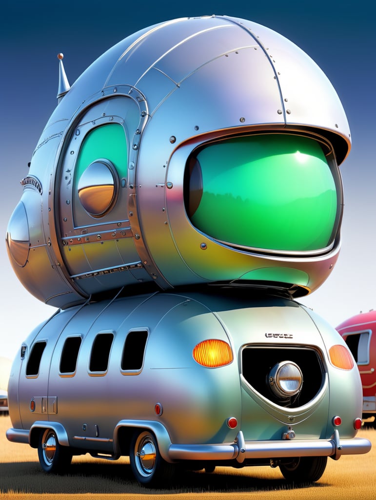 Futuristic alien Airstream camping trailers, steampunk and neon, cyber technology