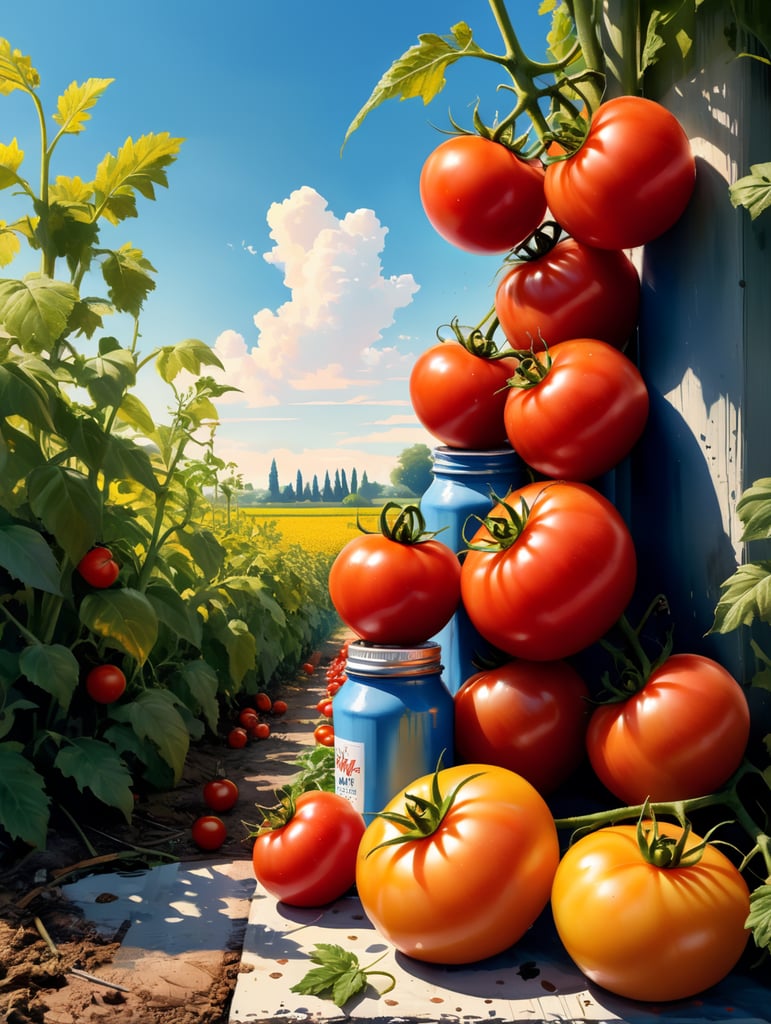 several red tomatoes stacked together forming a ketchup bottle with some leaves around it, beautiful tomato plantation in the background and a blue sky, short grass and yellow flower, creamy light, ambient lighting, beautiful colors