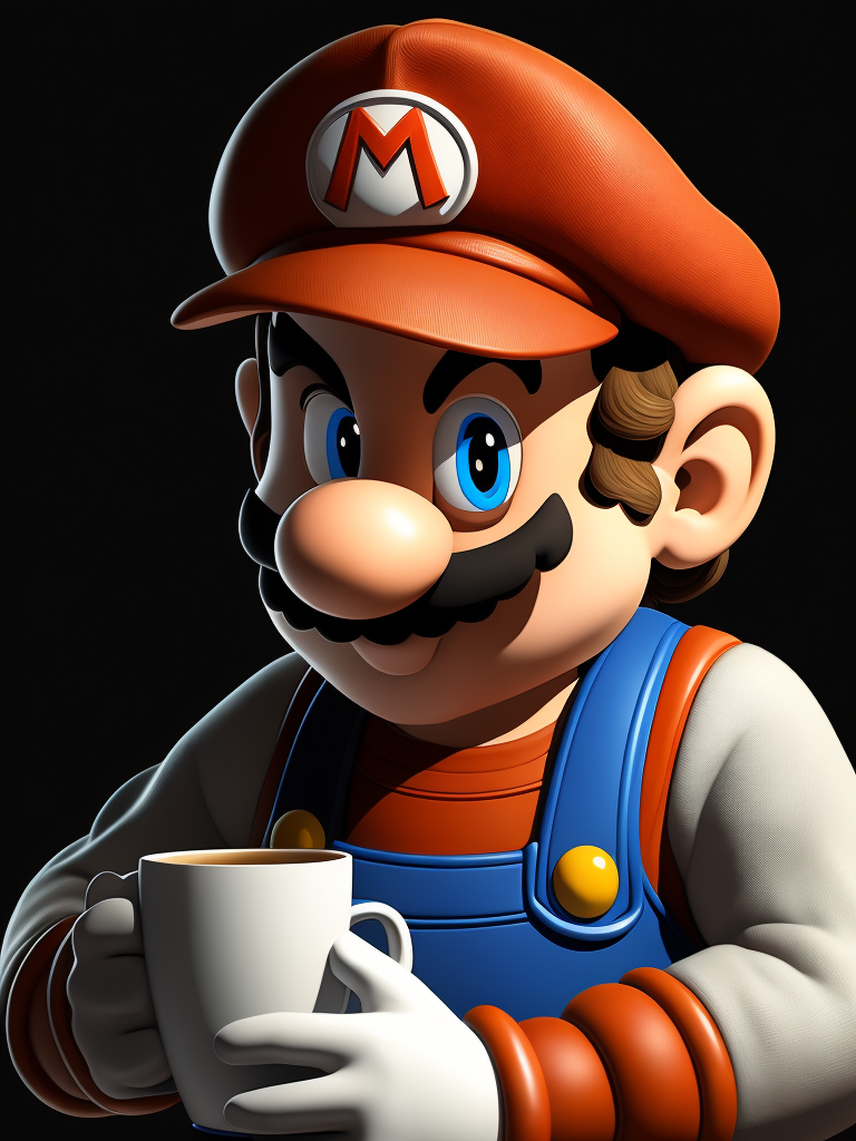 Mario drinking coffee, black background, illustration