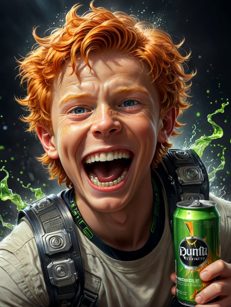 young ginger boy with braces and energy drink in hand, digital art