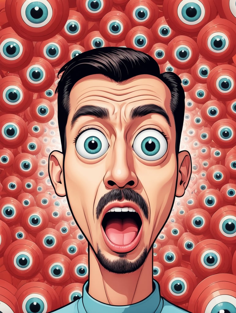Hypnotized man starring, brainwashed, mind controlled, with large cartoon spiral eyes, tongue sticking from his mouth salivating, photo from the neck up, cartoon-styled, illustration, vector art