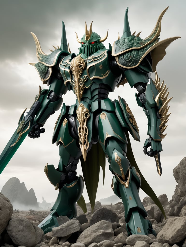 cthulhu Gundam with tentacle wings and saber sword in knight stance standing in open rocky field surrounded by fallen enemy's of war