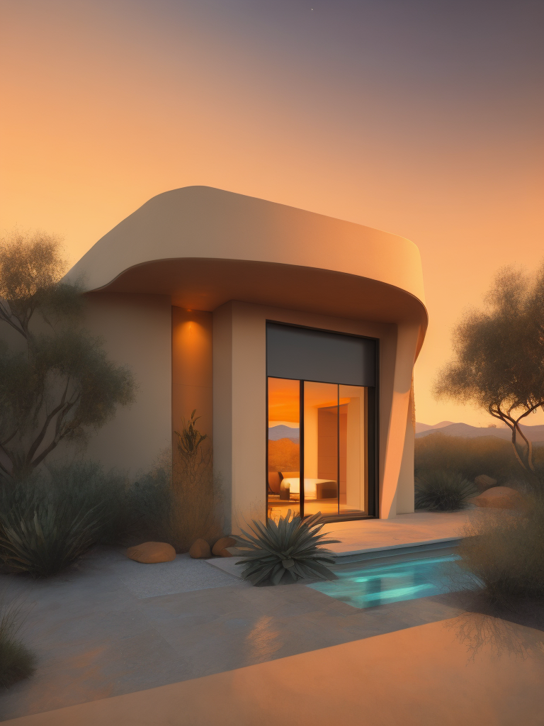 An architectural rendering of a minimal, geometric, curved, sculptural, stucco textured, tan desert abode, sand and clay facade with small carved window openings, wood accents, arched glass door opening, cactus, tumble weed, artificial lighting, desert landscaping, outdoor camp fire, located in Arizona during twilight, hazy horizon