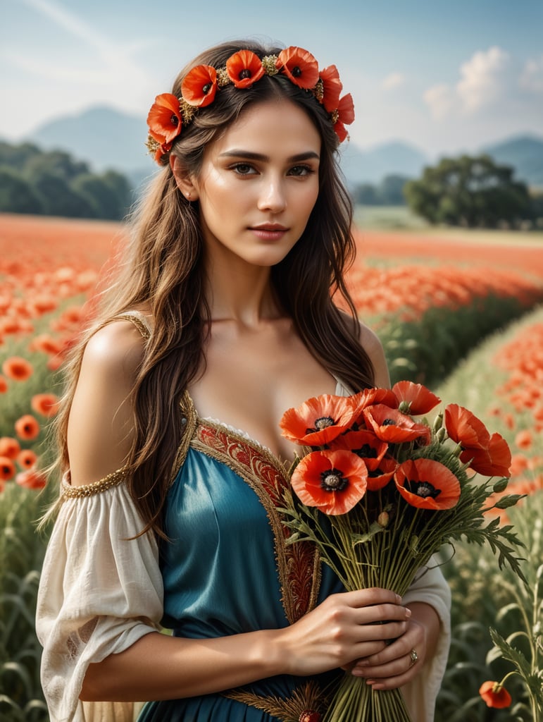 Woman as fairytale goddess, holding a sheaf of wheat, crown of poppies, clean, smooth, elegant, beautiful, highly detailed, sharp focus, studio photography, xf iq 4, 1 5 0 mp, 5 0 mm, iso 2 0 0, 1 1 6 0 s, realistic, natural light, octane render, adobe lightroom, rule of thirds, symmetrical balance, depth layering, polarizing filter, sense of depth,