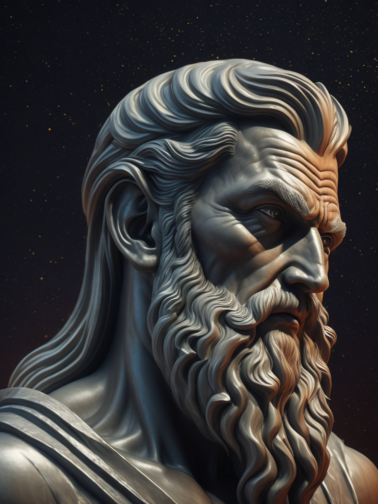 estatua de mármol oscuro zeus escultura detalles nítidos góticas estéticas mitología inspiradoras tonalidades oscuras iluminación dramática mármol obra maestra deidad legendaria impresión etérea