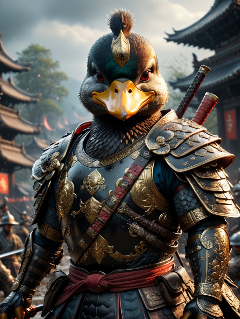 Duck samurai, battlefield, hyper realistic