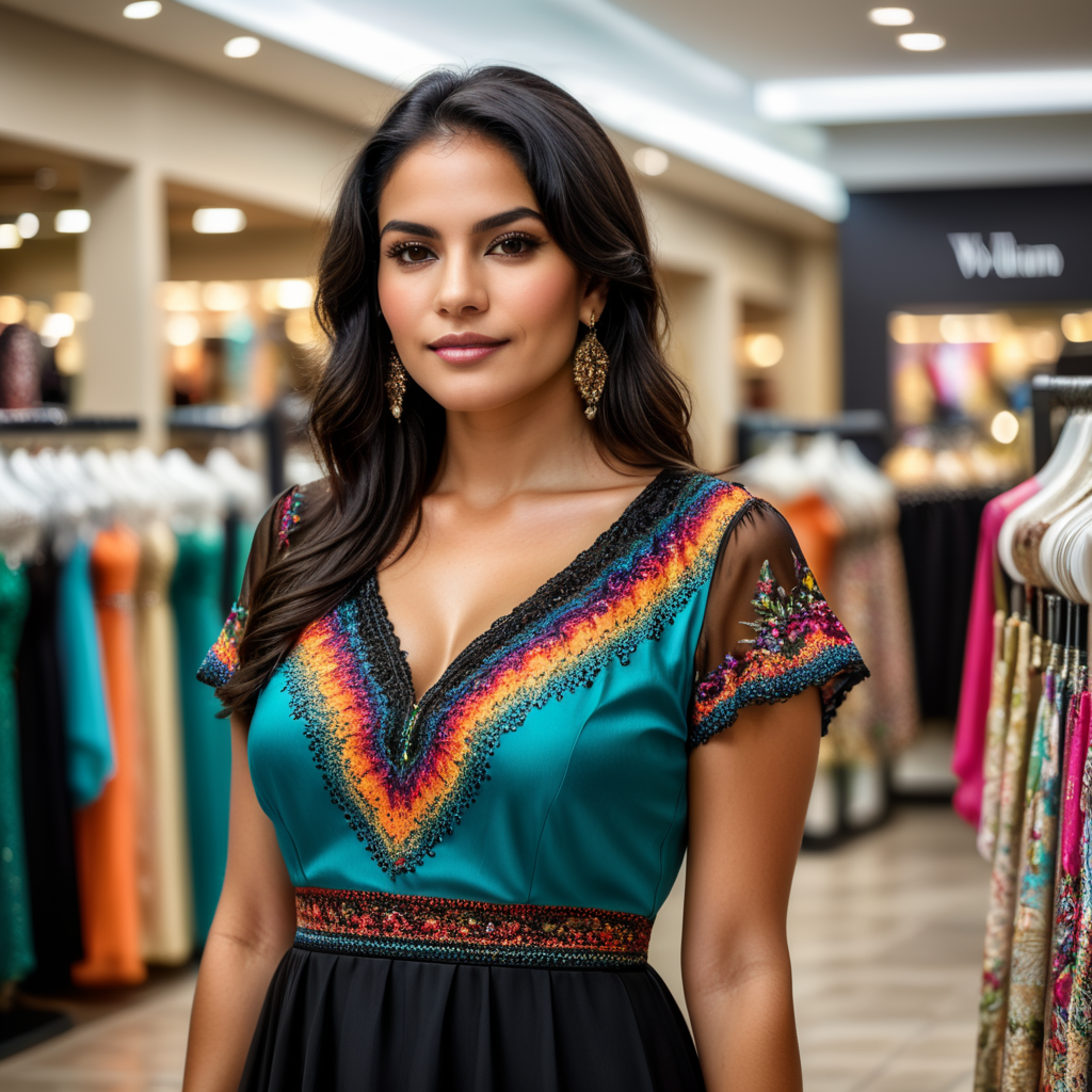 medium size latin woman black hair in colorfull dress, shopping in a nice clothing store
