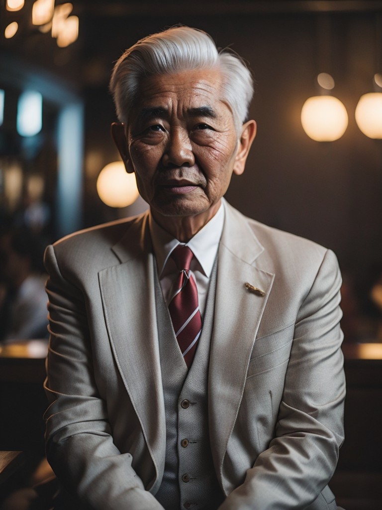 cinematic shot, scene from a movie, portrait of an Asian man 80 years old sitting in a night bar, Asian mafia, father of mafia, angry face, white jacket, red tie, white hair, red Chinese lights on a background, focus on a face, red lighting, low light, dark atmosphere