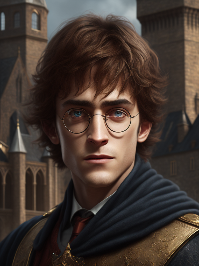 Portrait of Harry Potter in medieval style, detailed face, contrasting light, Against the backdrop of the castle,