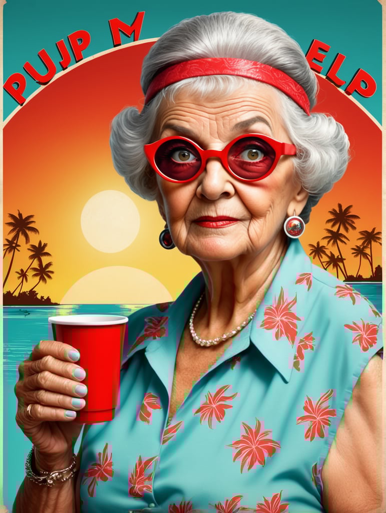 Miami granny holding a red cup eye-catching poster-style drawing and illustration representing the iconic pulp style.