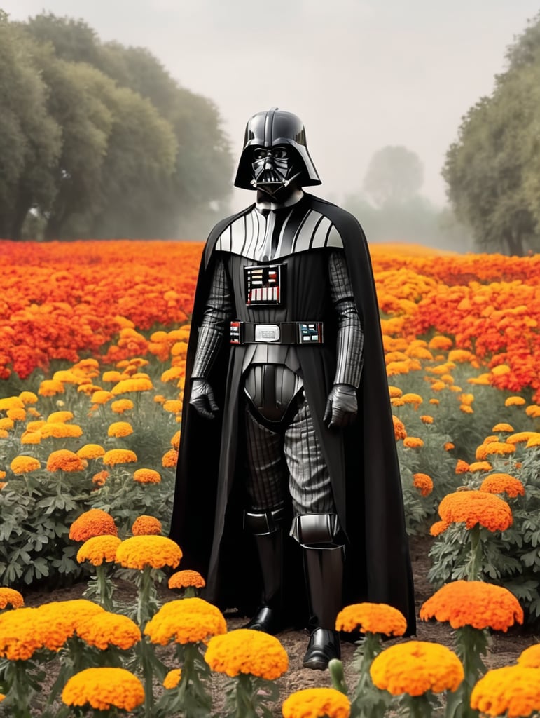 Darth Vader standing in a flower field of marigolds while looking up