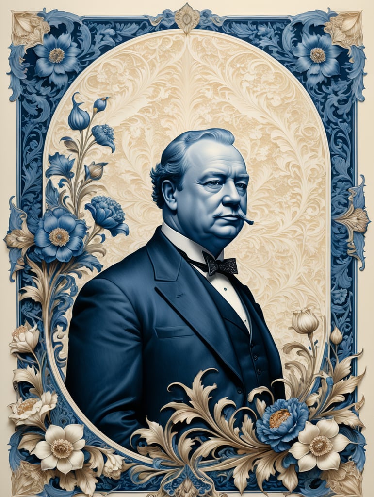 Two-tone blue ink on cream letterpress with Churchill and floral flamboyant frame design, blank space in center for text, in the style of William Morris