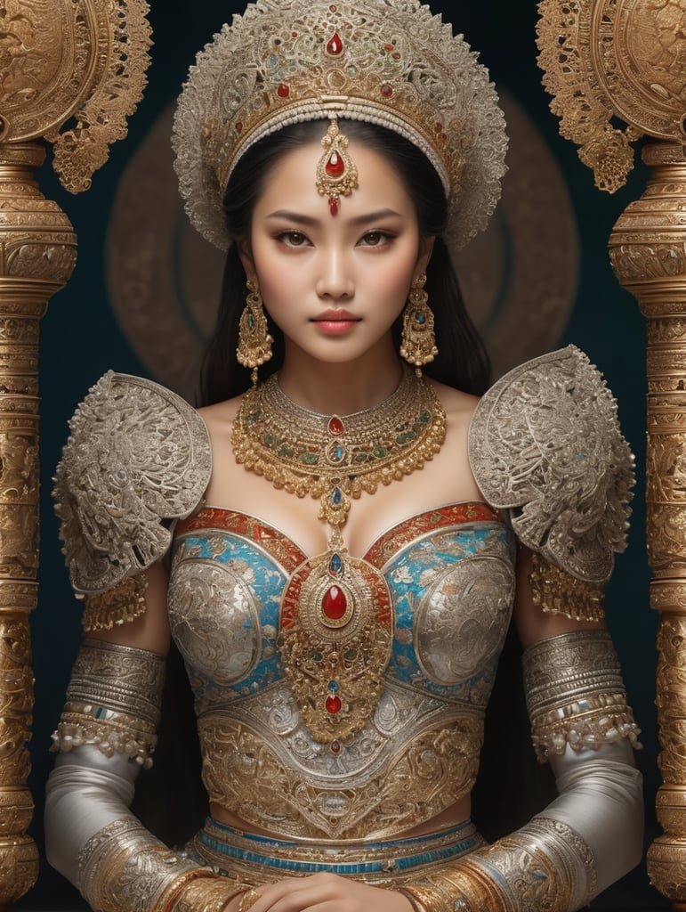 In vivid detail, this image showcases a female figure, captured in a meticulously crafted photograph. The subject exudes natural beauty, with every pore and imperfection of her skin texture revealed. She stands majestically, donning traditional or ceremonial attire that has been intricately adorned. The image portrays her from head to toe, allowing viewers to appreciate the fullness and grandeur of her appearance. The photo is rendered with such remarkable precision and clarity that every intricate detail can be easily observed. With its extraordinary level of detail, this image truly immerses the viewer in the exquisite beauty and cultural richness of the subject.