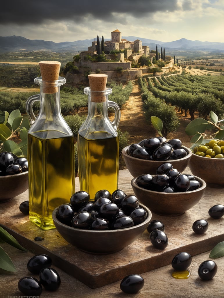 olive oil scene. black olives without holes drizzled with oil and transparent bottles filled with olive oil. The olives should have the right texture, with a backdrop of an olive field with an ancient castle on the horizon.