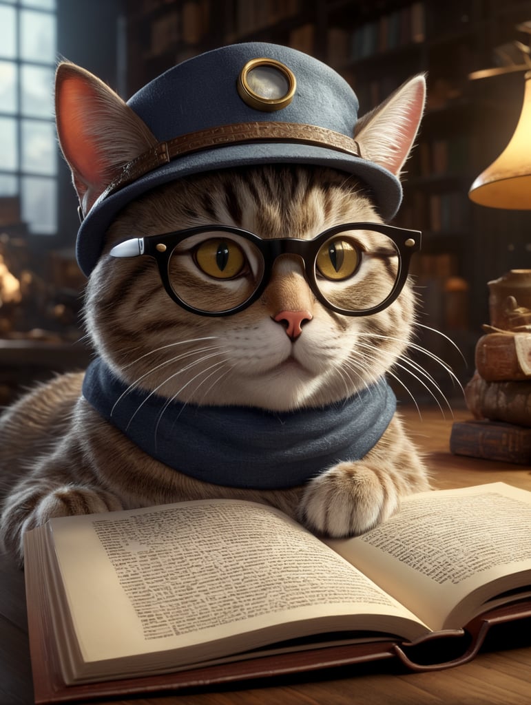 3d animated, cute cat reading, glasses, hat, in the style of pixar, detailed background