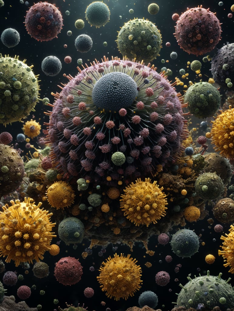 view of several microscopic round particles floating in the air such as viruses, pollen, bacteria