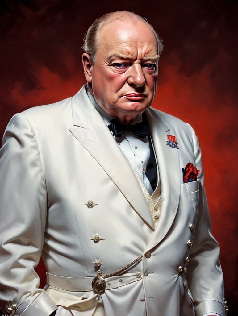 Winston Churchill Former Prime Minister of Great Britain, Avant-Garde, Photoplay, All White Dress, Red Background, Strange Harpers, Cover, Headshot, Super Realistic