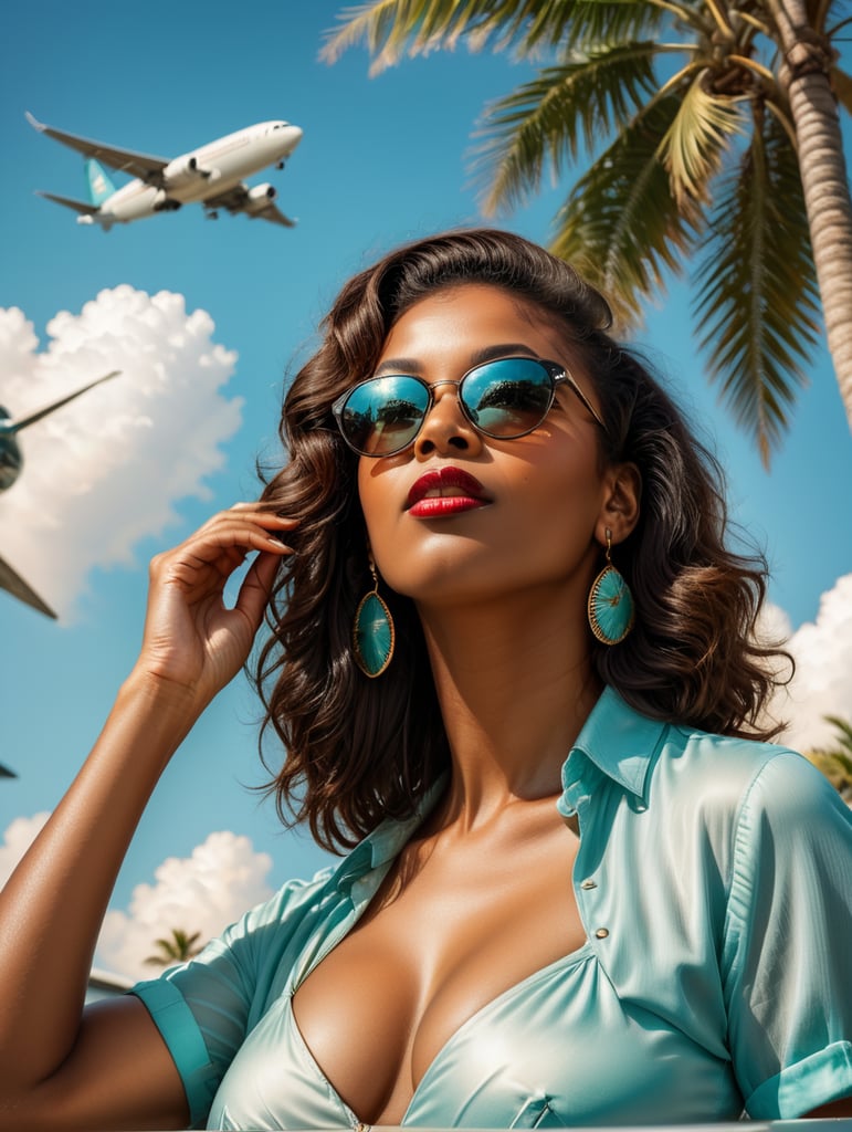 Pin up art, portrait, a black woman raised her head up, looks at the sky, sunglasses, one airplane flies in a clear sky and leaves a mark, summer, palms around, palms reflected on a sunglasses, turquoise shades, style by Gil Elvgren