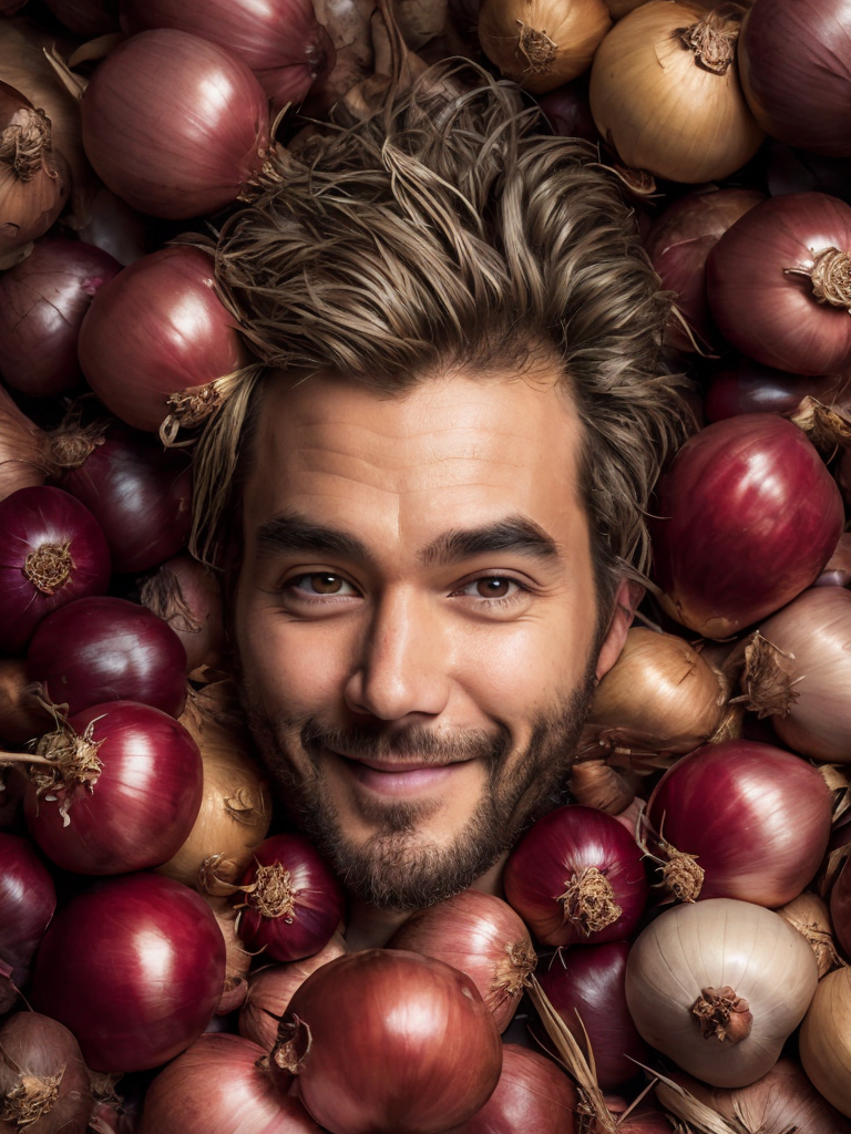 a man is surrounded by onions and onions in a pile of them, looking up at the camera man is smiling, a stock photo, conceptual art, photorealistic imagery