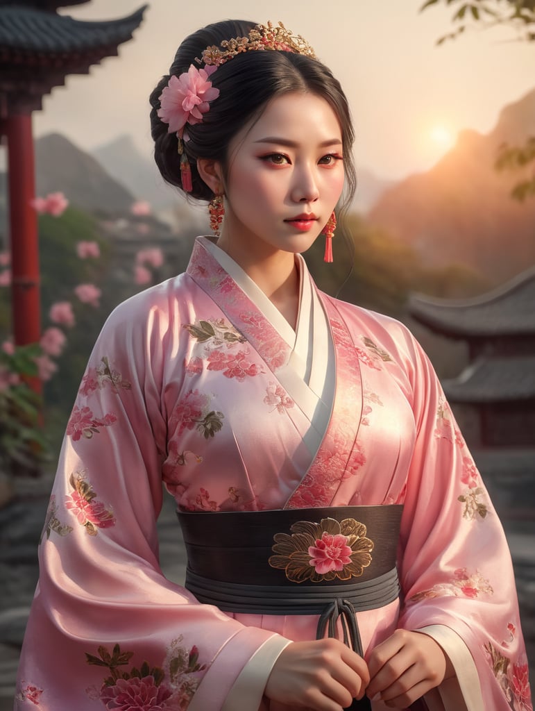 self-protrait, round face, female pink floral chinese costume hanfu, floral, medium shot, golden hour lighting, eye-level front view, dreamy mood, soft focus